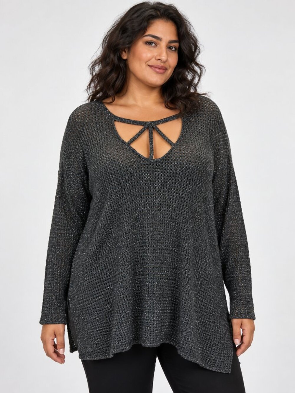 Democracy NWT 3X Charcoal Open Knit Cutout V Neck Tunic Long Sleeve Top